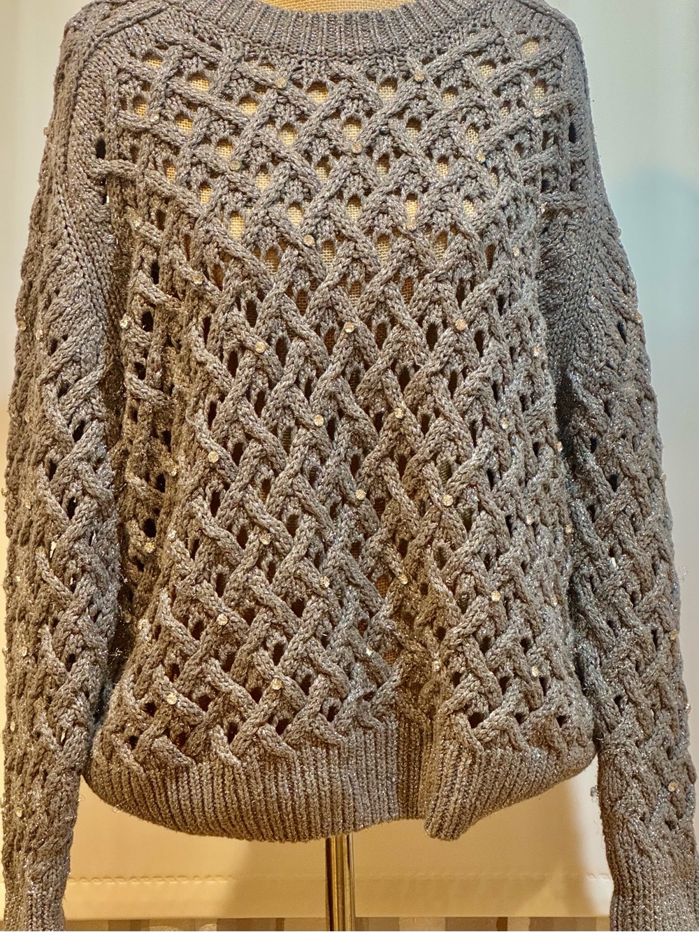 Women's Grey Metallic Open-Knit Sweater with Bead Accents, size M, made in Turk